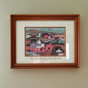 Folk Art Print of Scenic Countryside with Psalm 33:5,  Framed and Matted